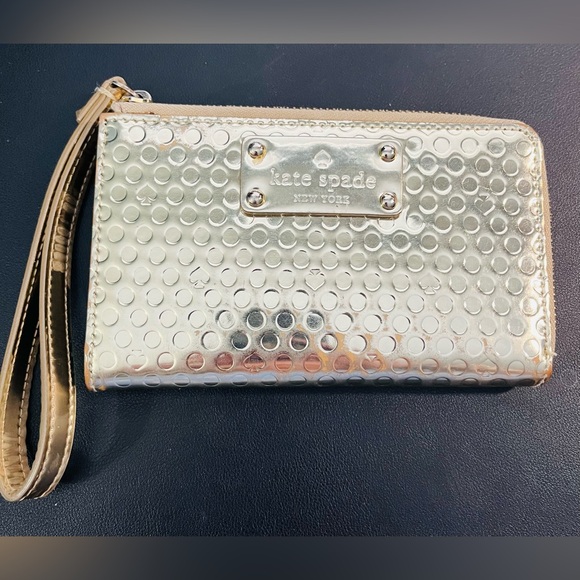 kate spade Handbags - Kate Spade Metallic Silver Polka Dot Wristlet/Wallet EUC